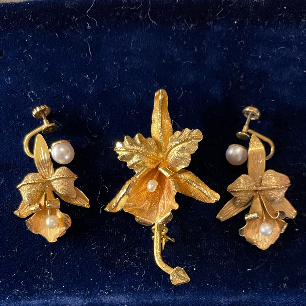 Vintage Orchid Brooch and Earings